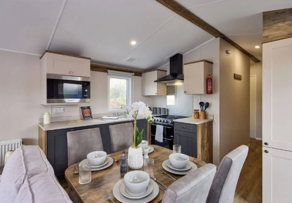 Internal of a caravan open plan kitchen diner