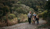 A family of four walking along a nature path among woodland 