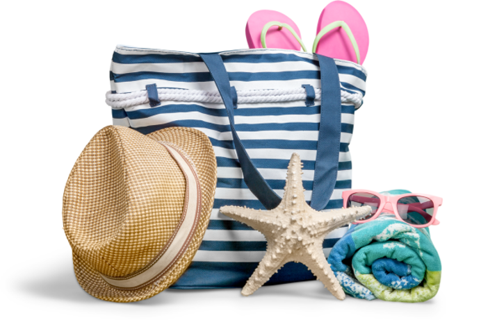 A beach bag with towel, sunglasses, hat and flip flops