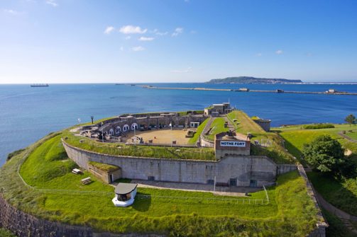 An old fort in Weymouth on the coast overlooking Portland and the sea