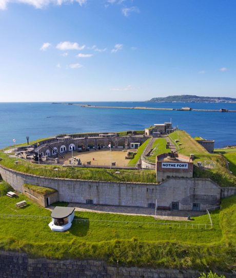 An old fort in Weymouth on the coast overlooking Portland and the sea