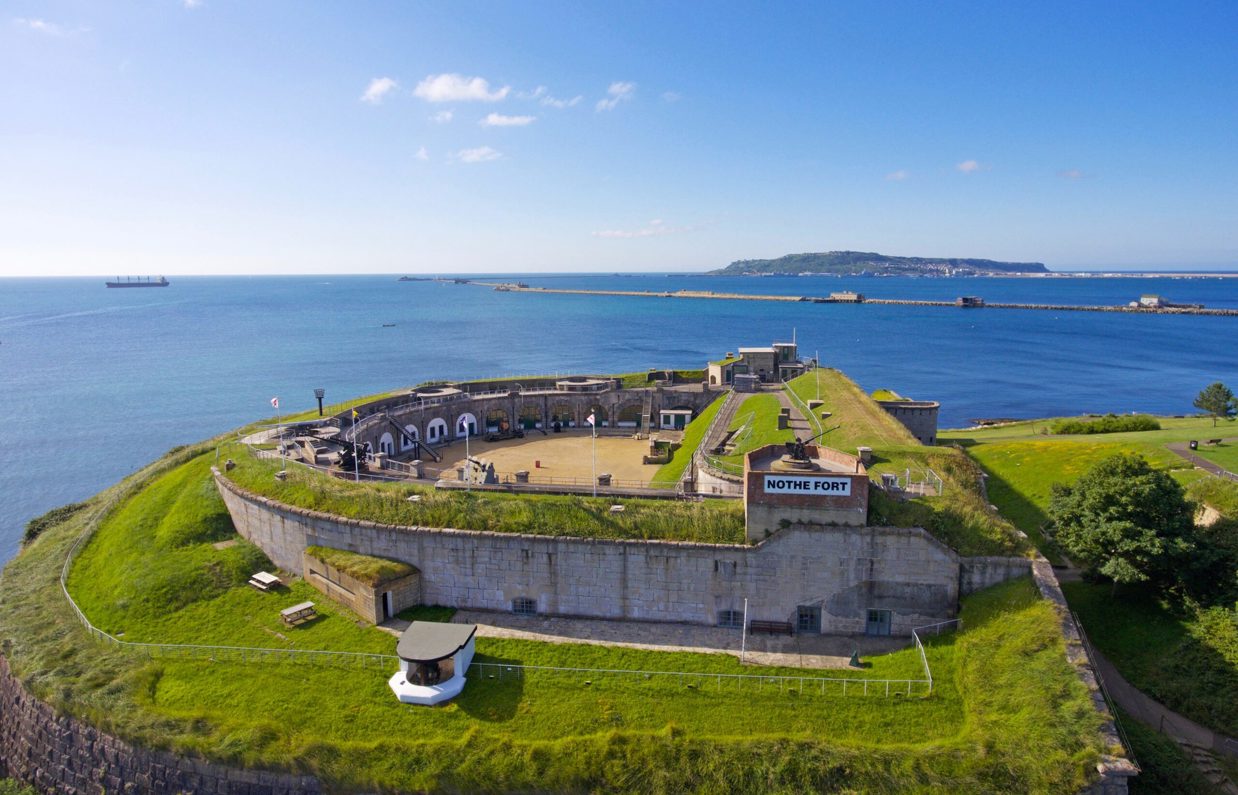 An old fort in Weymouth on the coast overlooking Portland and the sea