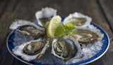 A plate of oysters on a bed of crushed ice with lemon and garnish