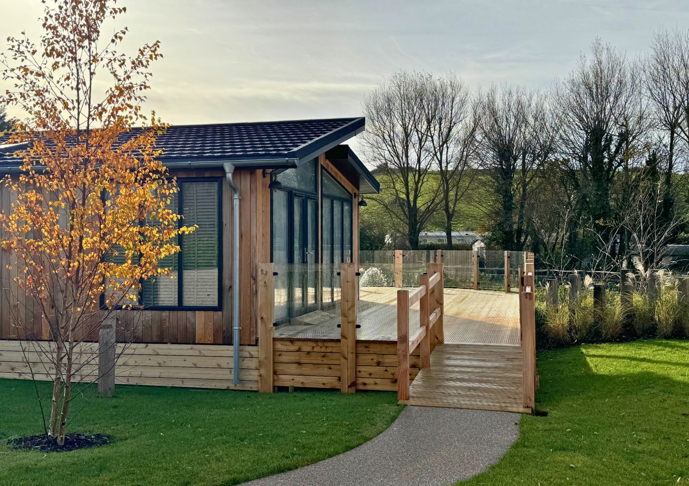External of a luxury lodge with decking 