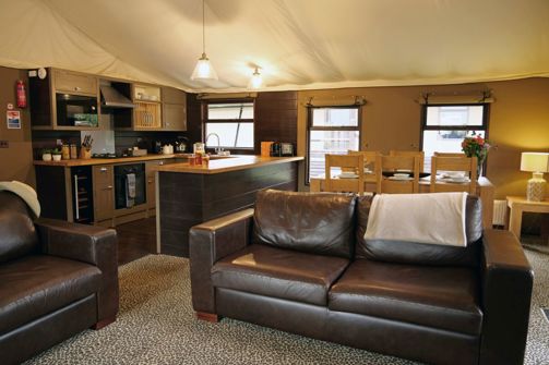Internal of safari tent open plan living space