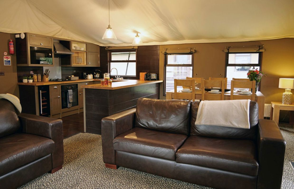 Internal of safari tent open plan living space