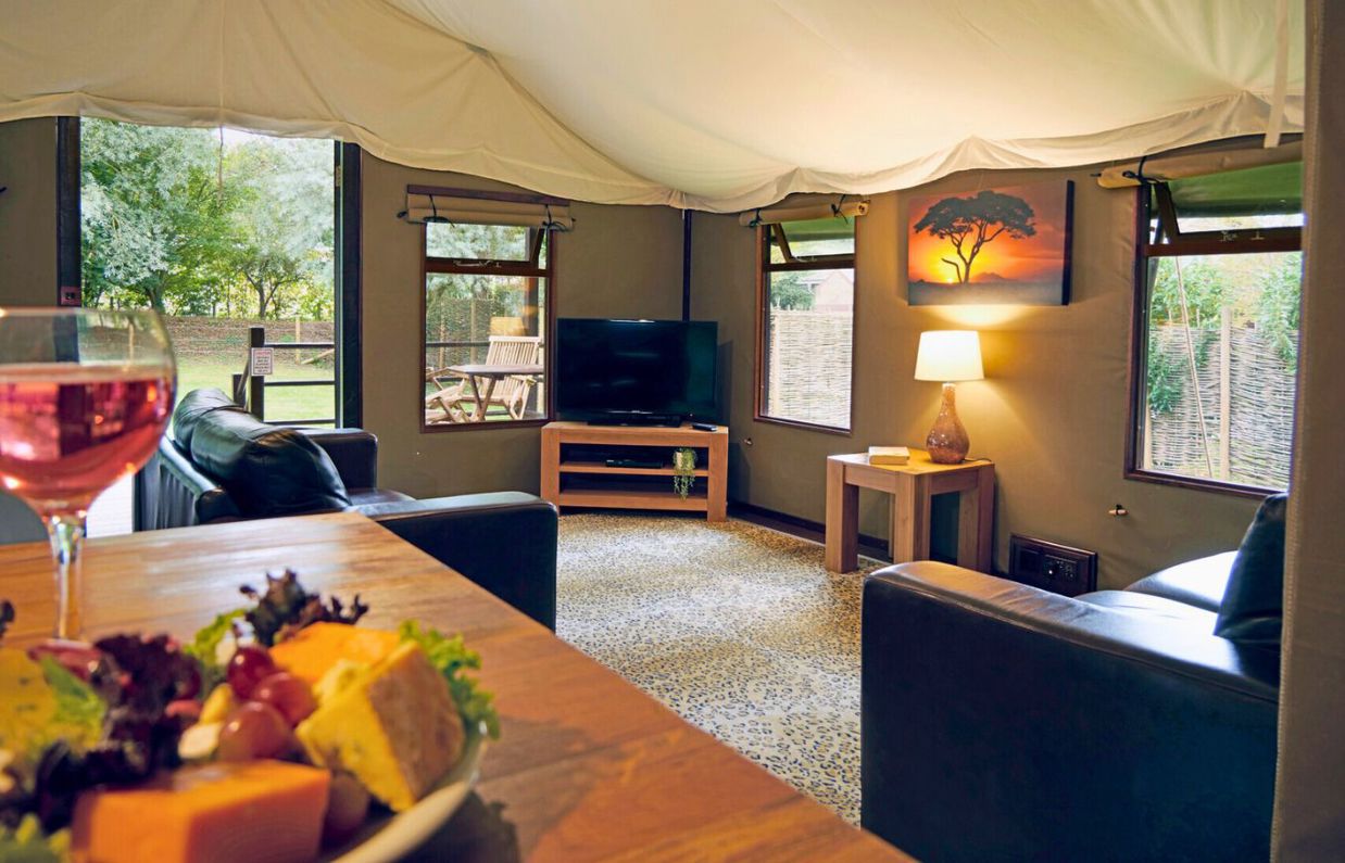 Internal of safari tent open plan lounge