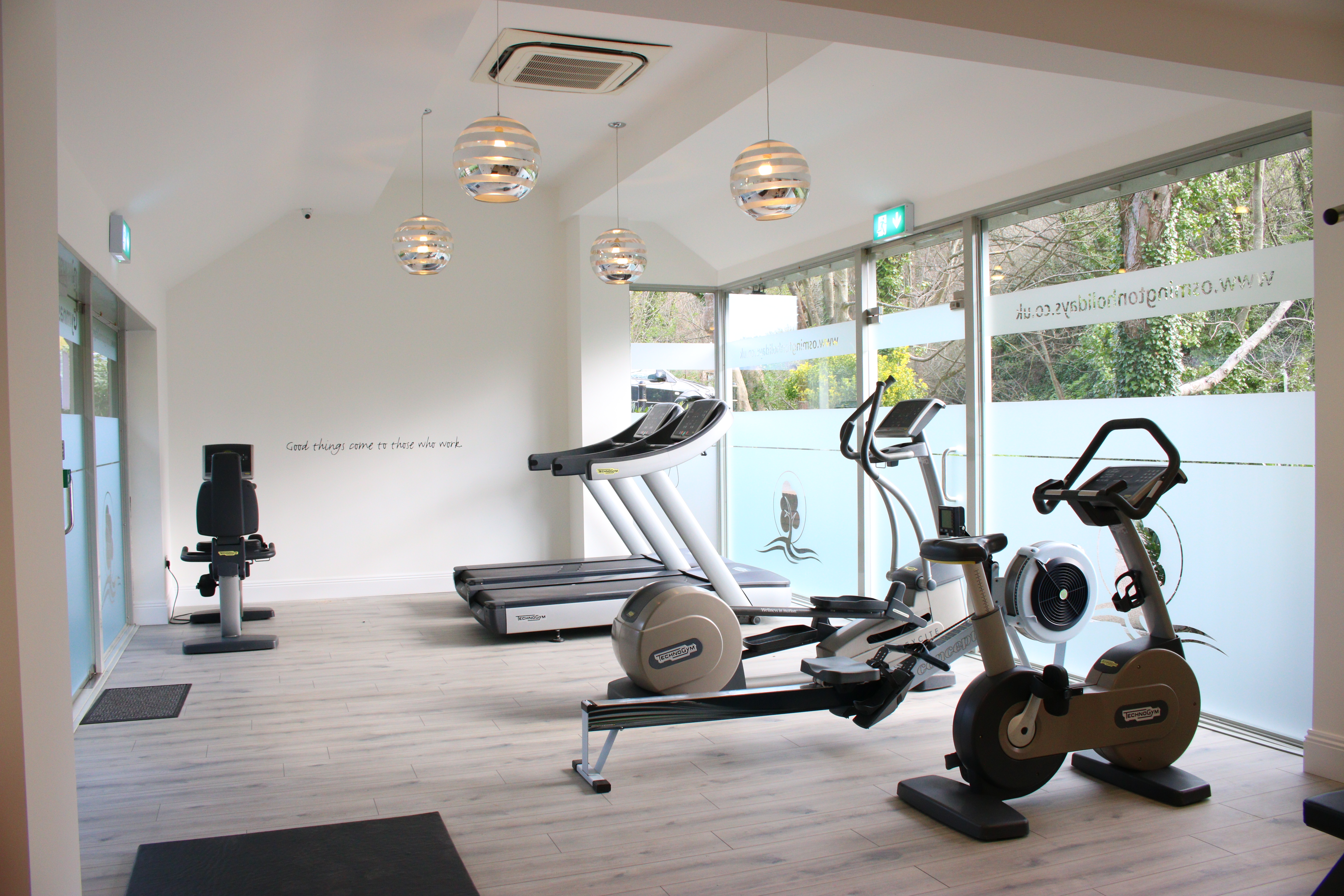 An indoor gym with various cardio equipment and woodland views