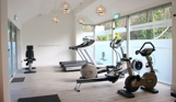 An indoor gym with various cardio equipment and woodland views
