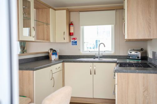 Internal of a caravan open plan kitchen