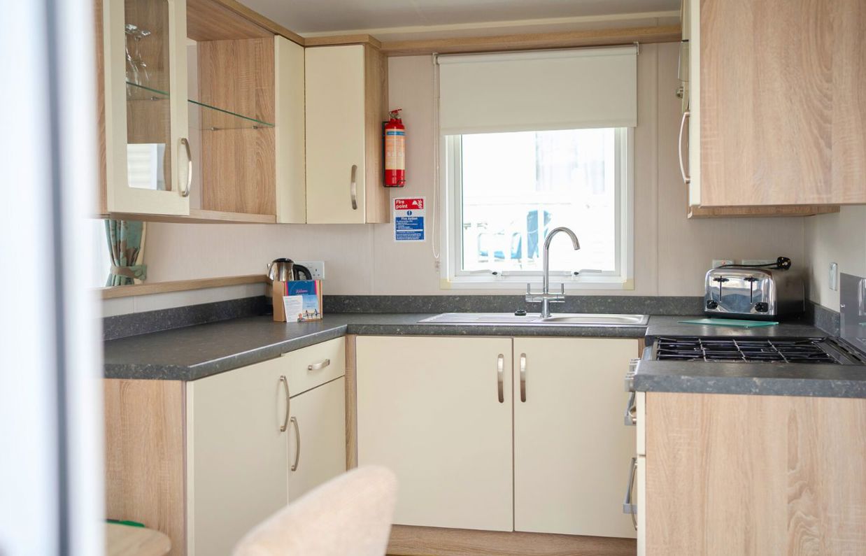 Internal of a caravan open plan kitchen