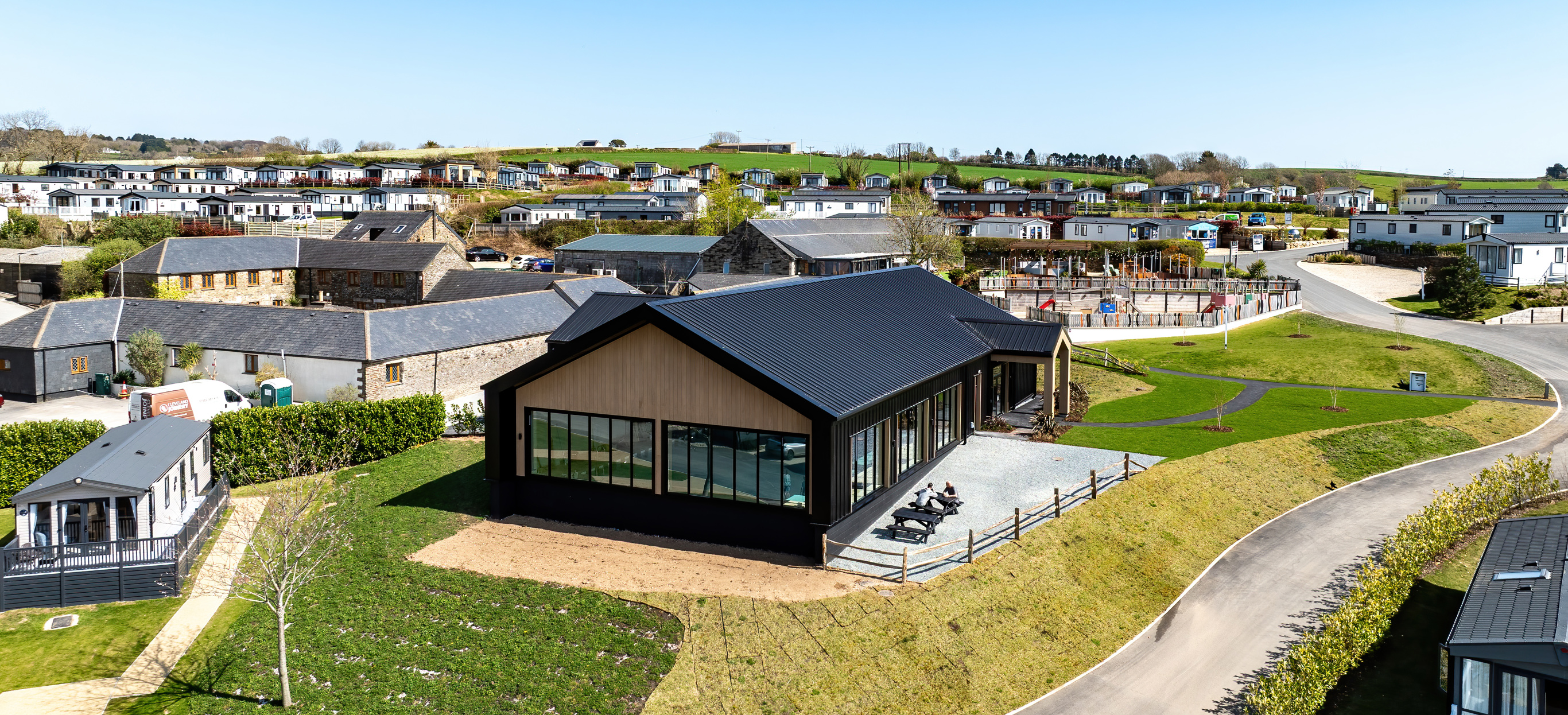An aerial view of The Barn on Tregoad Holiday Park 