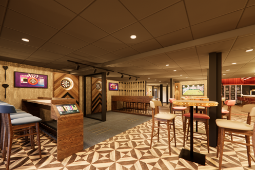 A CGI image of a new sports bar with high chairs and dart boards