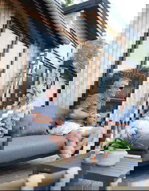 A couple sat on outdoor furniture on the decking of a lodge