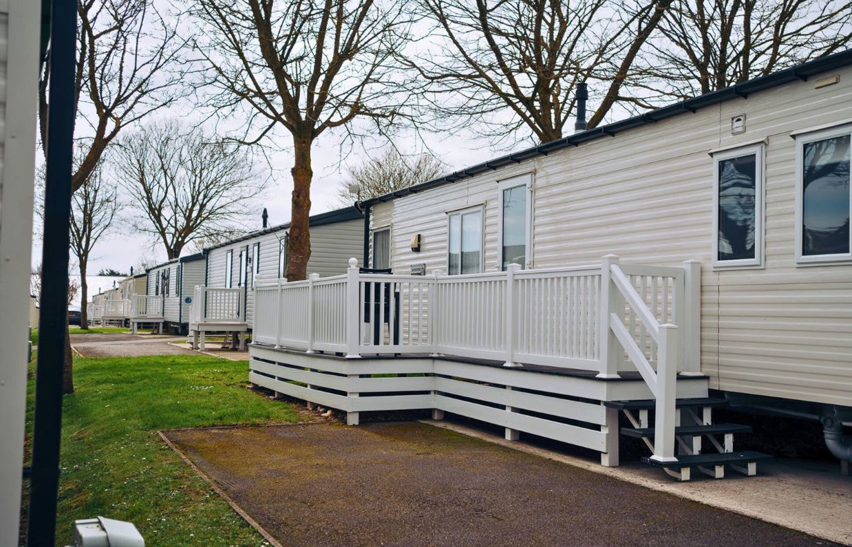 External of a caravan on pitch with decking