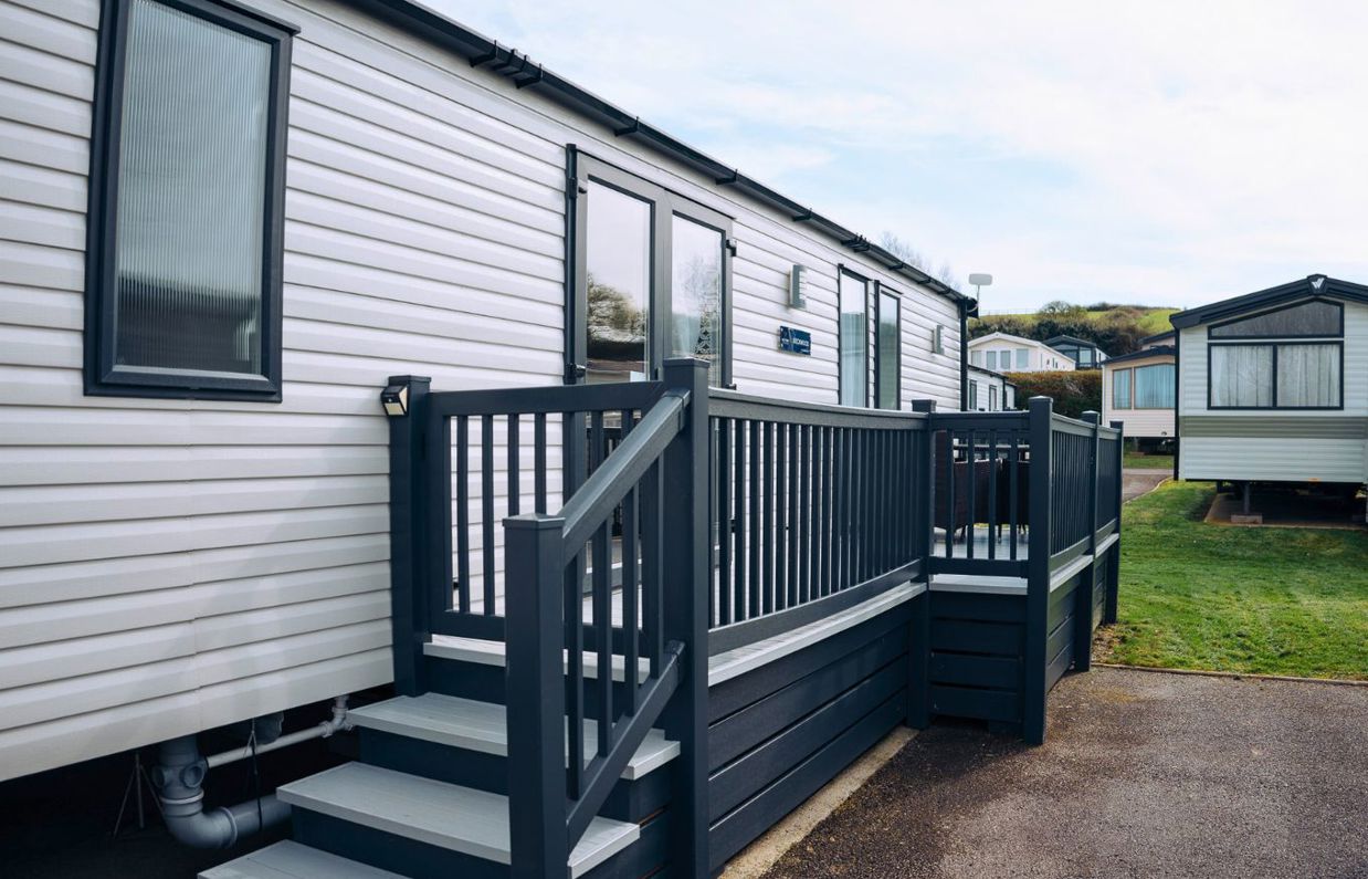External of a caravan on pitch with decking