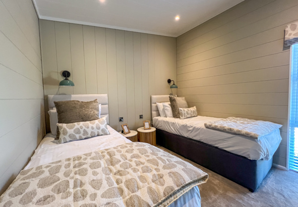 Internal of a luxury lodge twin bedroom