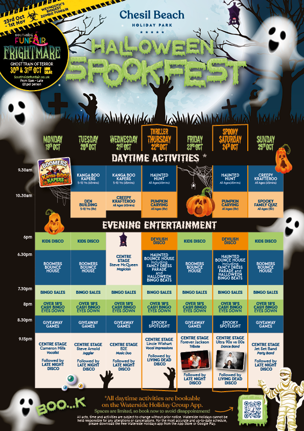 A schedule of Halloween events at Chesil Beach Holiday Park 