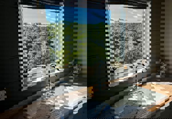 View of trees out of kitchen window by kitchen sink