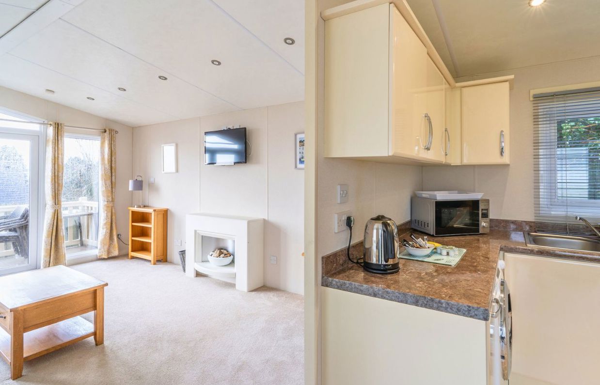 Internal of a caravan open plan living area