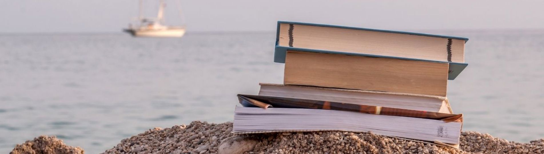 A stack of books on shingle beach with a ship in the sea in the background
