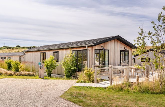External of a luxury lodge with decking