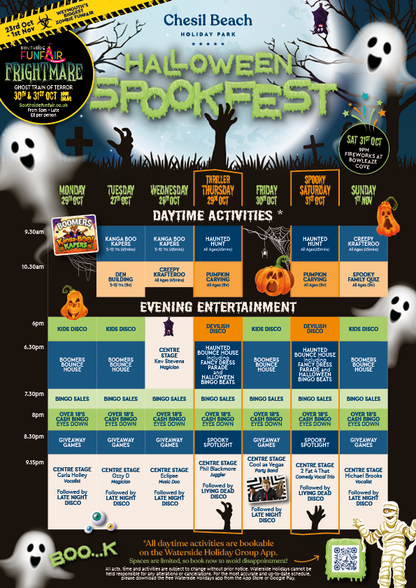 A schedule of Halloween events at Chesil Beach Holiday Park 