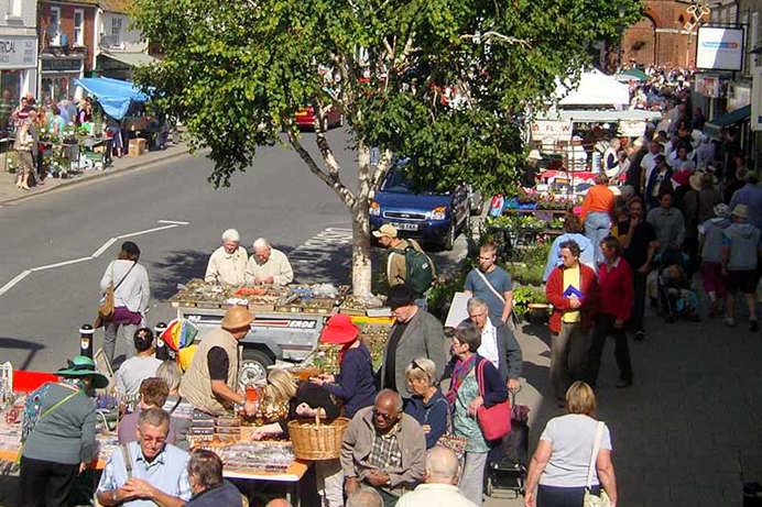 A street market on a sunny day in Bridport