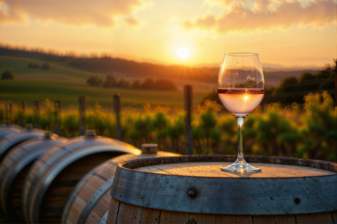 A vineyard field with a wine glass on top of a barrel and rows of trees in the distance