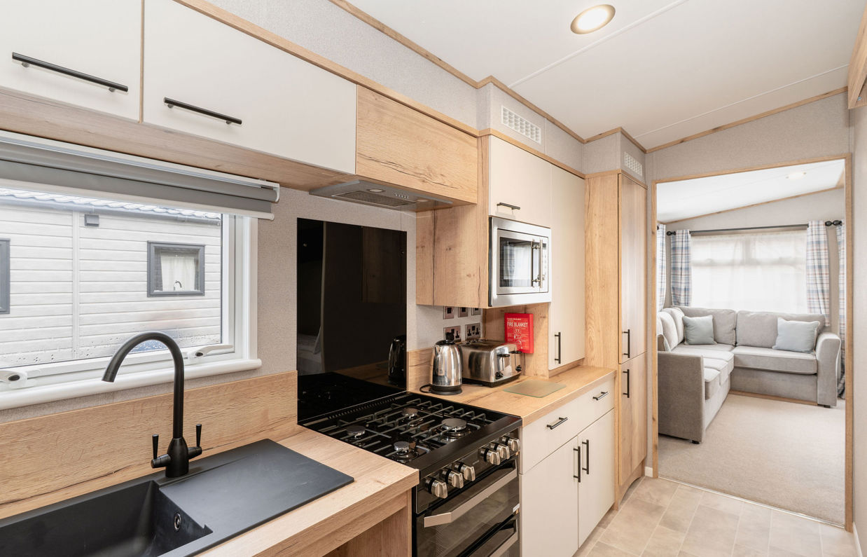Internal of an accessible caravan open plan kitchen