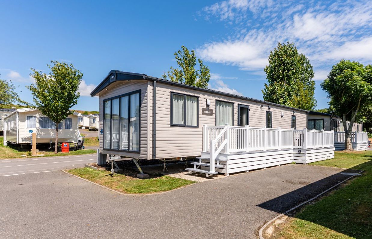 External of a caravan on pitch with decking