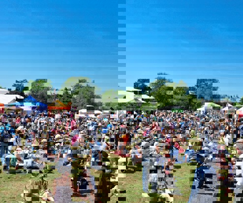 A field on a sunny day with multiple food stands and a crowd of people