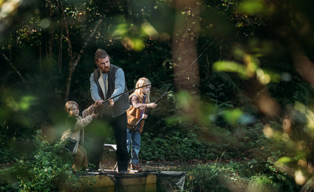 A Father and His Two Sons Fishing Among Nature at the Lake at Tregoad