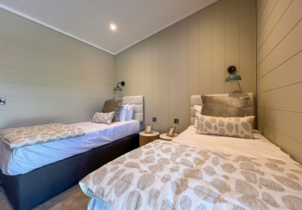 Internal of a luxury lodge twin bedroom
