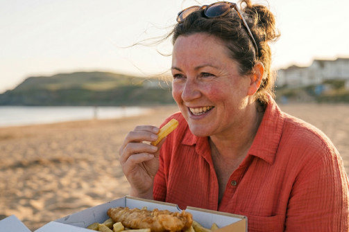 A woman smiling on the beach whilst eating fish and chips