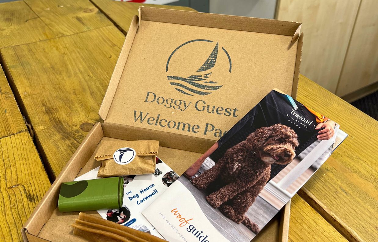 A dog welcome pack for guests with dogs at Tregoad Holiday Park
