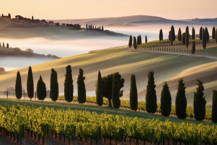 A vineyard field with rows of trees
