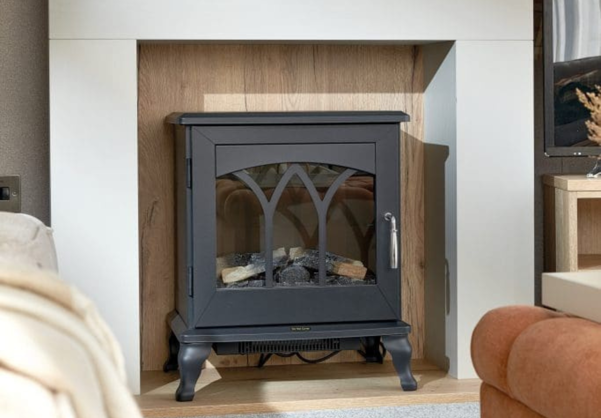 Internal of a caravan lounge with electric fire