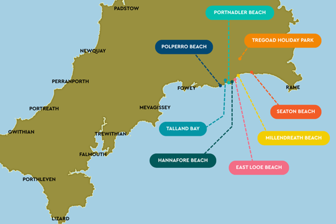 A map of various beaches on Cornwall's coast with Tregoad Holiday Park
