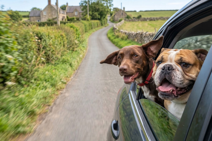 Two dogs looking out the window of a car with their tongues out as they go down a country lane